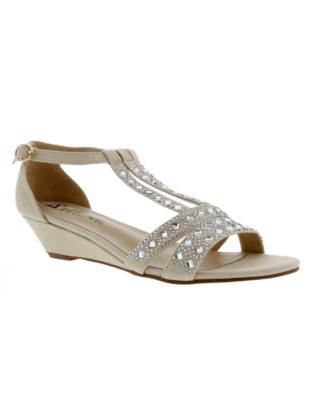 NIB 9.5 Bellini Laaris Beige Tan Jeweled Rhinestone T‑Strap Wedge Sandals Shoes